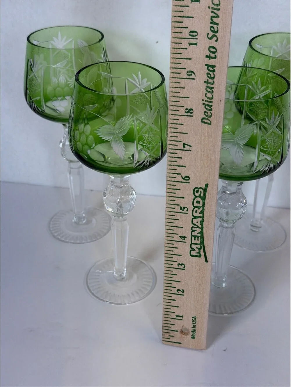 Ajka Green Cut Crystal Wine Goblets Grapes Pattern Set of 4 Hungary F-12